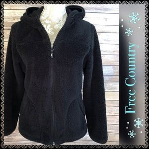 Black Fleece Faux Fur Zip-Up Jacket With Hood